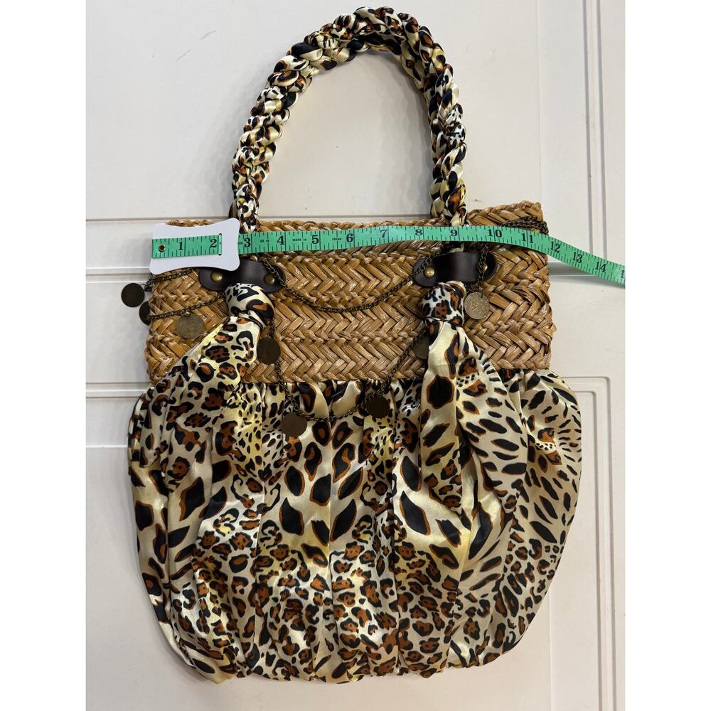 Sun N Sand Leopard Print Coin Chain Rope Handle Straw Detail Shoulder Bag Purse - Picture 7 of 8